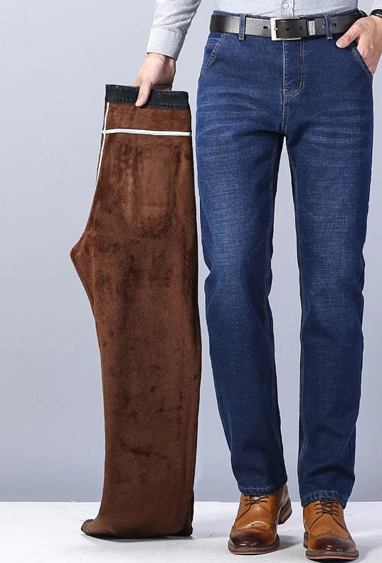 High Quality Denim Slim Fit Casual Trousers Cotton Pants Men Winter Warm Fleece Men'S Jeans Thick Stretch