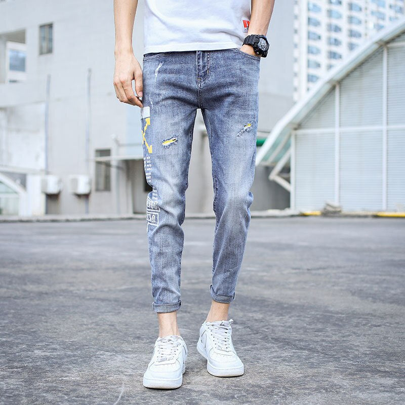 Summer 2022 Korean Teenagers Stretch Slim-Fit Jeans Men\'S Ripped Casual Light-Colored Brand Ankle Length Pants