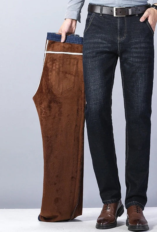 High Quality Denim Slim Fit Casual Trousers Cotton Pants Men Winter Warm Fleece Men'S Jeans Thick Stretch