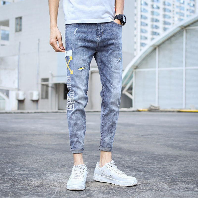 Summer 2022 Korean Teenagers Stretch Slim-Fit Jeans Men\'S Ripped Casual Light-Colored Brand Ankle Length Pants