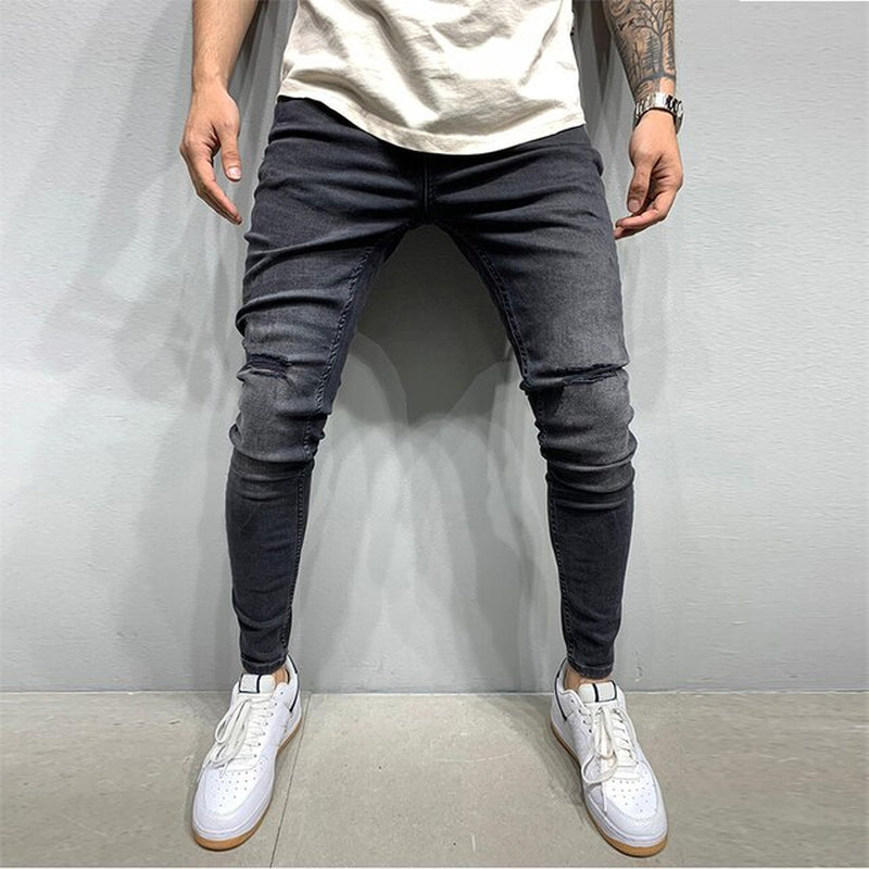 Jeans Men Black Moto Skinny Jeans Men 2021 Stretch Ripped Denim Pencil Pants Streetwear Mens Pure Color Elastic Jeans