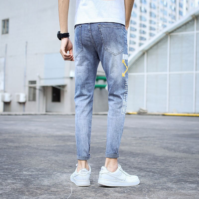 Summer 2022 Korean Teenagers Stretch Slim-Fit Jeans Men\'S Ripped Casual Light-Colored Brand Ankle Length Pants