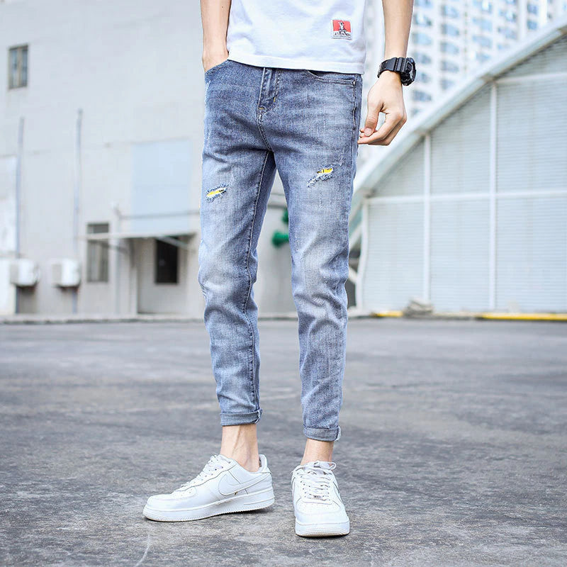 Summer 2022 Korean Teenagers Stretch Slim-Fit Jeans Men\'S Ripped Casual Light-Colored Brand Ankle Length Pants