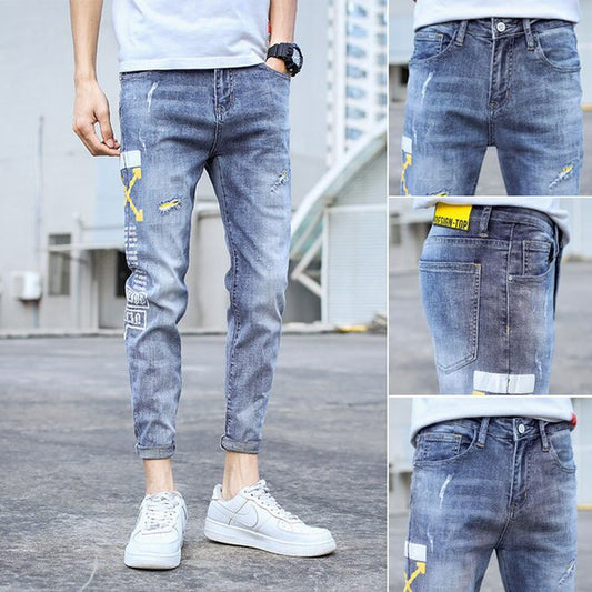 Summer 2022 Korean Teenagers Stretch Slim-Fit Jeans Men\'S Ripped Casual Light-Colored Brand Ankle Length Pants