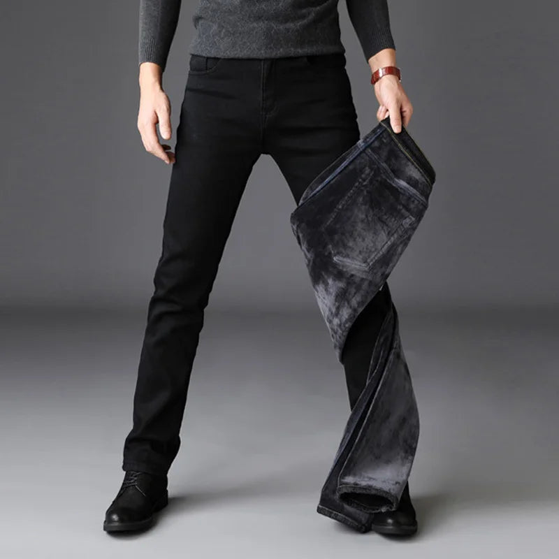 Men Fashion Winter Jeans Men Black Color Slim Fit Stretch Thick Velvet Pants Warm Jeans Casual Fleece Trousers Male