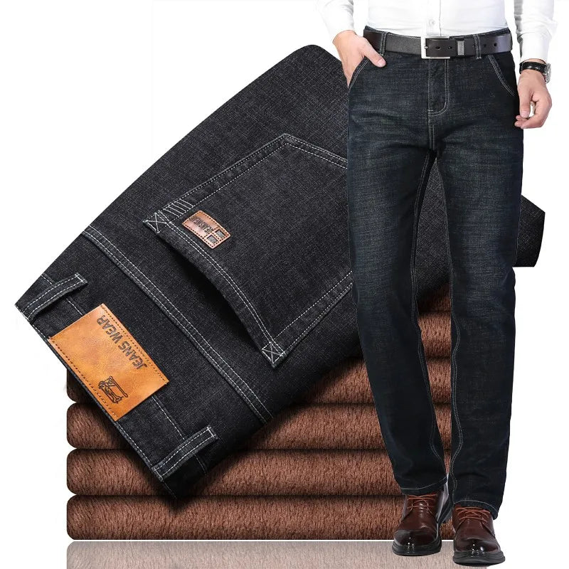 High Quality Denim Slim Fit Casual Trousers Cotton Pants Men Winter Warm Fleece Men'S Jeans Thick Stretch